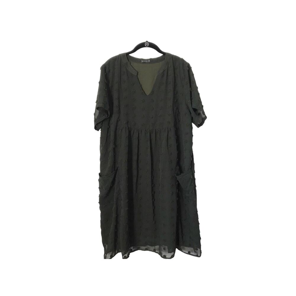 Miholl Dress‎ Size XXL Army Green Swiss Dots Lined Short Sleeve Midi Babydoll